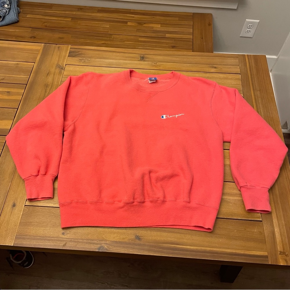 Vintage 90s Champion Sweatshirt Script Logo Crewneck Large USA Made Salmon